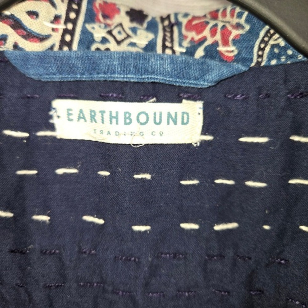 Earthbound Trading Co Mens Short Sleeve Kantha Stitch Block Print Cotton Shirt - Picture 4 of 5